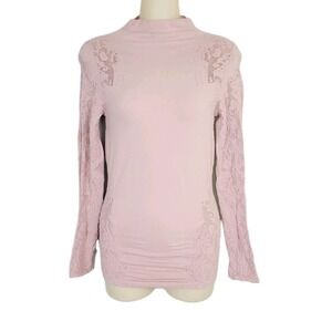 Free People No Turning Back Top M/L Blush Pink Stretch Lace Mock Neck‎ Romantic